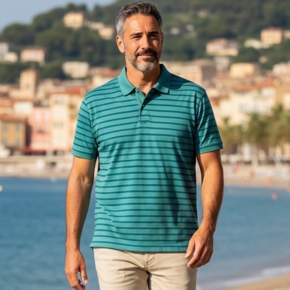 Faherty Isle Polo Mens Large Blue Green Striped Organic Cotton MKU2106-AWS